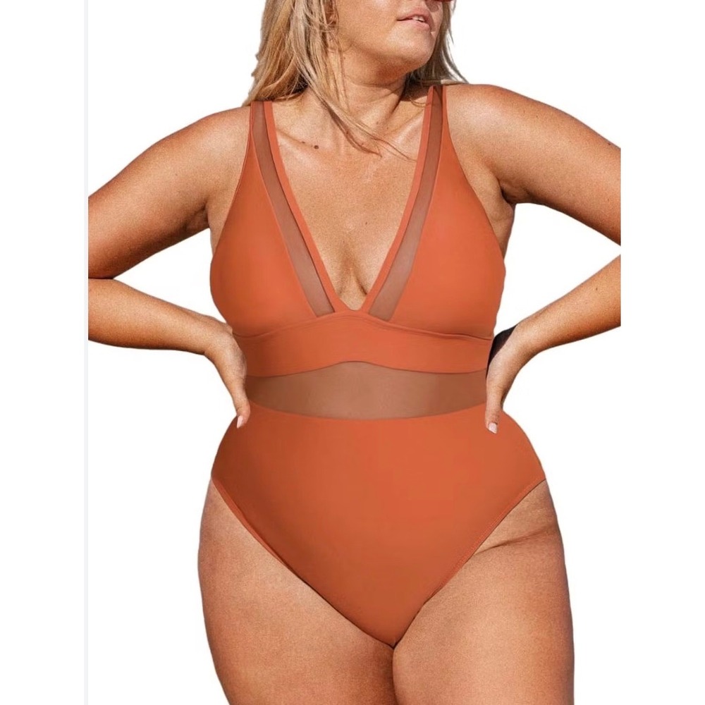 Cupshe Women Burnt Orange Mesh V-Neck One-Piece Swimsuit DGA12E3D001JJ 1X NWT